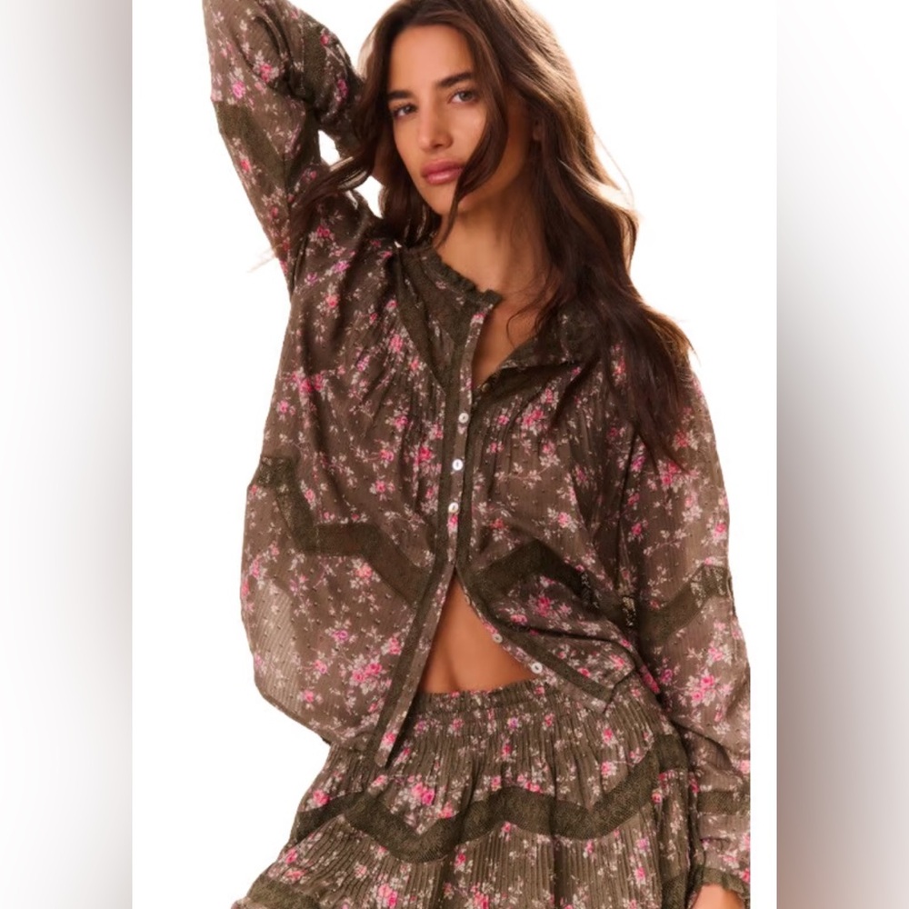 LoveShackFancy Ravelle Floral Lace Button Down Blouse | Bancha Green | Size S - Picture 7 of 7